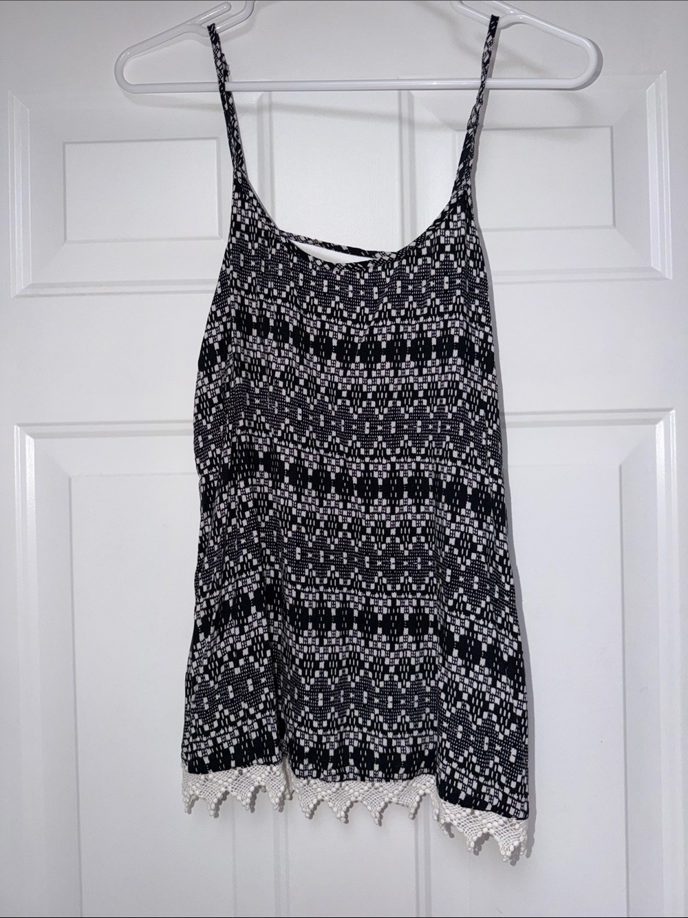 Black & White Patterned Spaghetti Strap Tank with Crochet Hem